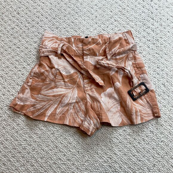 TAHARI Tropical Palm Print High Waist Linen Short Belt Womens Small Orange $60